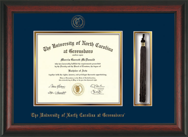 Image of University of North Carolina Greensboro Diploma Frame - Rosewood - w/Embossed Seal & Name - Tassel Holder - Navy on Gold mat