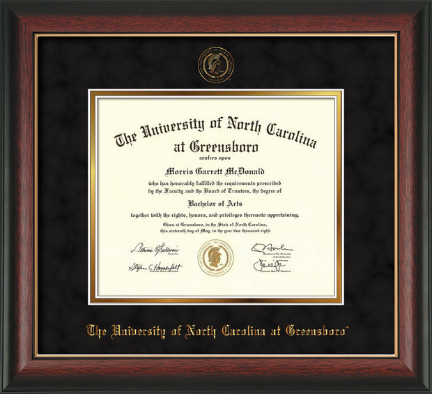 Image of University of North Carolina Greensboro Diploma Frame - Rosewood w/Gold Lip - w/Embossed Seal & Name - Black Suede on Gold mat