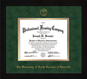 Image of University of North Carolina Charlotte Diploma Frame - Flat Matte Black - w/Official Embossing of UNCC Seal & Name - Green Suede on Gold mats