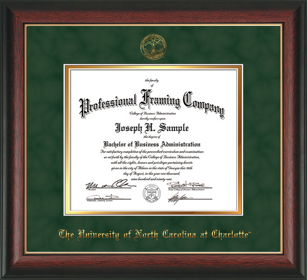 Image of University of North Carolina Charlotte Diploma Frame - Rosewood w/Gold Lip - w/Official Embossing of UNCC Seal & Name - Green Suede on Gold mats