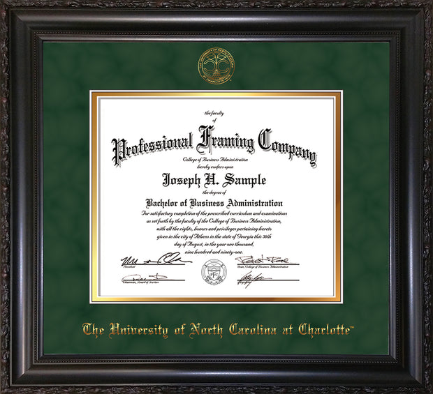 Image of University of North Carolina Charlotte Diploma Frame - Vintage Black Scoop - w/Official Embossing of UNCC Seal & Name - Green Suede on Gold mats