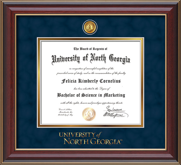 Image of University of North Georgia Diploma Frame - Cherry Lacquer - w/24k Gold-Plated UNG Medallion & Wordmark Embossing - Navy Suede on Gold mats