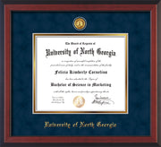 Image of University of North Georgia Diploma Frame - Cherry Reverse - w/24k Gold-Plated UNG Medallion & Name Embossing - Navy Suede on Gold mats