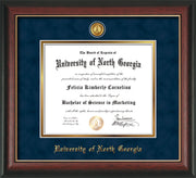 Image of University of North Georgia Diploma Frame - Rosewood w/Gold Lip - w/24k Gold-Plated UNG Medallion & Name Embossing - Navy Suede on Gold mats