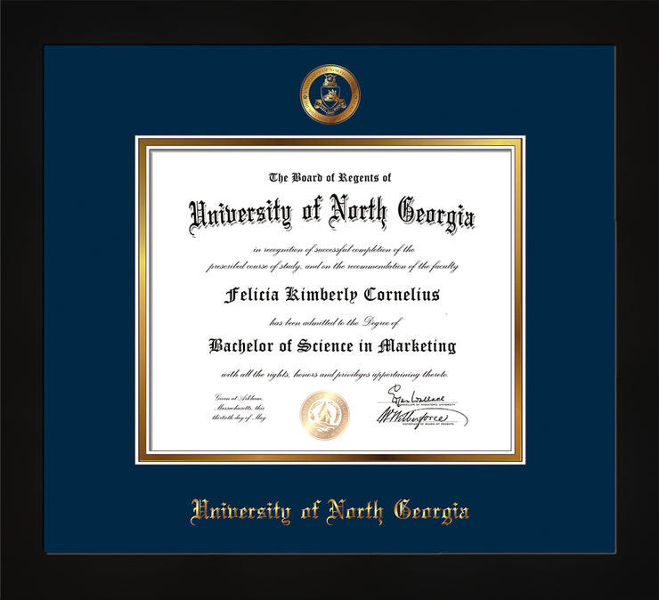 Image of University of North Georgia Diploma Frame - Flat Matte Black - w/Embossed Military Seal & UNG Name - Navy on Gold mat