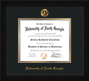 Image of University of North Georgia Diploma Frame - Flat Matte Black - w/Embossed UNG Seal & Name - Black on Gold mat