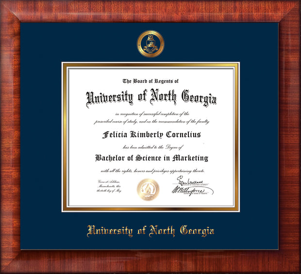 Image of University of North Georgia Diploma Frame - Mezzo Gloss - w/Embossed Military Seal & UNG Name - Navy on Gold mat