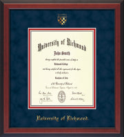 Image of University of Richmond Diploma Frame - Cherry Reverse - w/Embossed Seal & Name - Navy Suede on Red mats - Law  Size