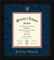 Image of University of Richmond Diploma Frame - Flat Matte Black - w/Embossed Seal & Name - Navy Suede on Red mats - Law Size