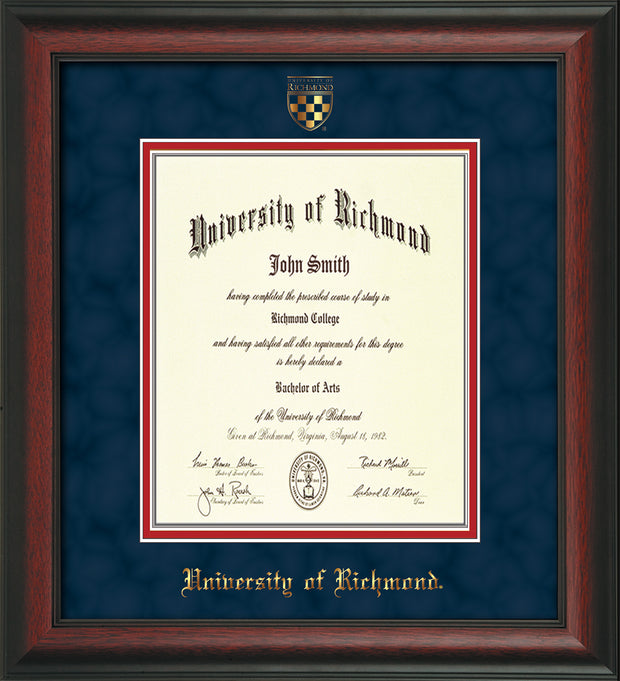 Image of University of Richmond Diploma Frame - Rosewood - w/Embossed Seal & Name - Navy Suede on Red mats - Law Size