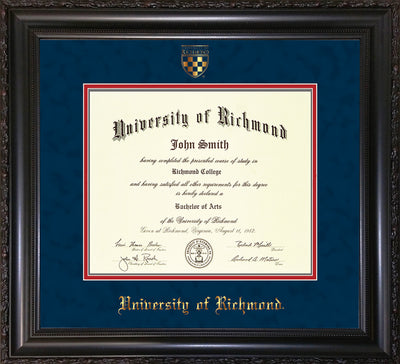 Image of University of Richmond Diploma Frame - Vintage Black Scoop - w/Embossed Seal & Name - Navy Suede on Red mats