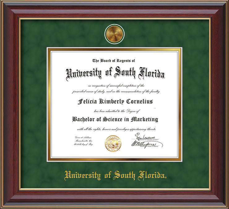 Image of University of South Florida Diploma Frame - Cherry Lacquer - w/24k Gold-Plated Medallion USF Name Embossing - Green Suede on Gold mats