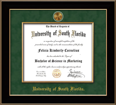 Image of University of South Florida Diploma Frame - Black Lacquer - w/24k Gold-Plated Medallion & Fillet - w/USF Name Embossing - Green Suede mat