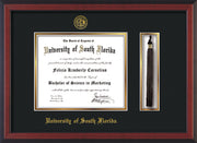 Image of University of South Florida Diploma Frame - Cherry Reverse - w/Embossed USF Seal & Name - Tassel Holder - Black on Gold mat