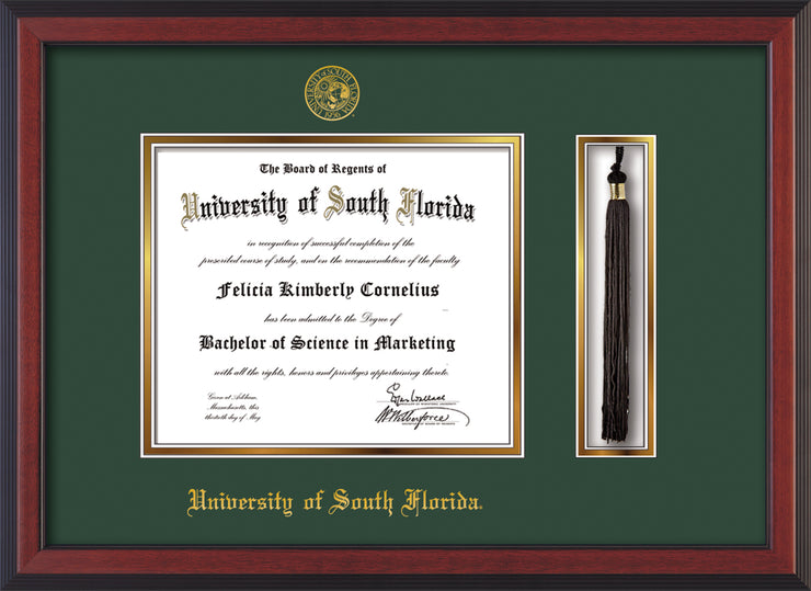 Image of University of South Florida Diploma Frame - Cherry Reverse - w/Embossed USF Seal & Name - Tassel Holder - Green on Gold mat