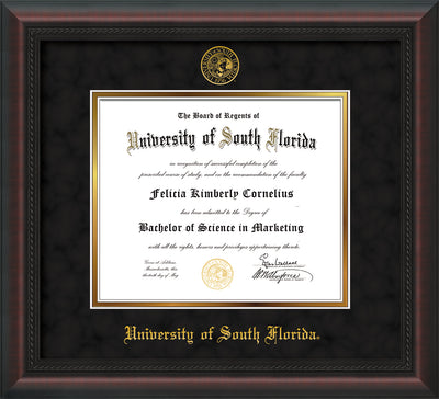 Image of University of South Florida Diploma Frame - Mahogany Braid - w/Embossed USF Seal & Name - Black Suede on Gold mat
