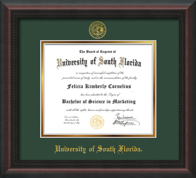 Image of University of South Florida Diploma Frame - Mahogany Braid - w/Embossed USF Seal & Name - Green on Gold mat