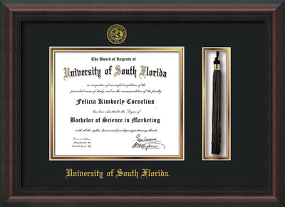 Image of University of South Florida Diploma Frame - Mahogany Braid - w/Embossed USF Seal & Name - Tassel Holder - Black on Gold mat