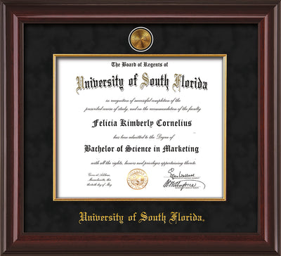 Image of University of South Florida Diploma Frame - Mahogany Lacquer - w/24k Gold-Plated Medallion & Fillet - w/USF Name Embossing - Black Suede mat