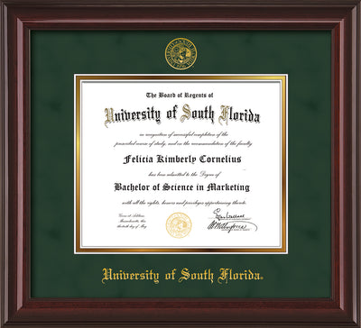 Image of University of South Florida Diploma Frame - Mahogany Lacquer - w/Embossed USF Seal & Name - Green Suede on Gold mat