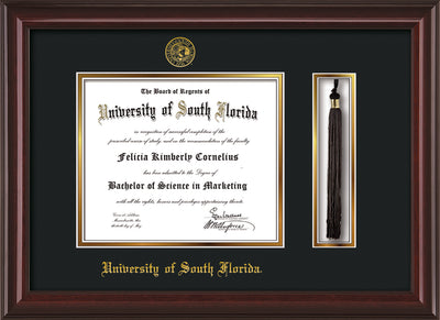 Image of University of South Florida Diploma Frame - Mahogany Lacquer - w/Embossed USF Seal & Name - Tassel Holder - Black on Gold mat