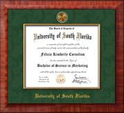 Image of University of South Florida Diploma Frame - Mezzo Gloss - w/24k Gold-Plated Medallion & Fillet - w/USF Name Embossing - Green Suede mat