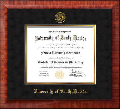 Image of University of South Florida Diploma Frame - Mezzo Gloss - w/Embossed USF Seal & Name - Black Suede on Gold mat