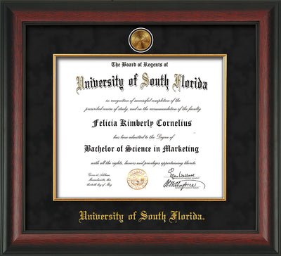 Image of University of South Florida Diploma Frame - Rosewood - w/24k Gold-Plated Medallion & Fillet - w/USF Name Embossing - Black Suede mat