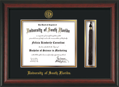 Image of University of South Florida Diploma Frame - Rosewood - w/Embossed USF Seal & Name - Tassel Holder - Black on Gold mat
