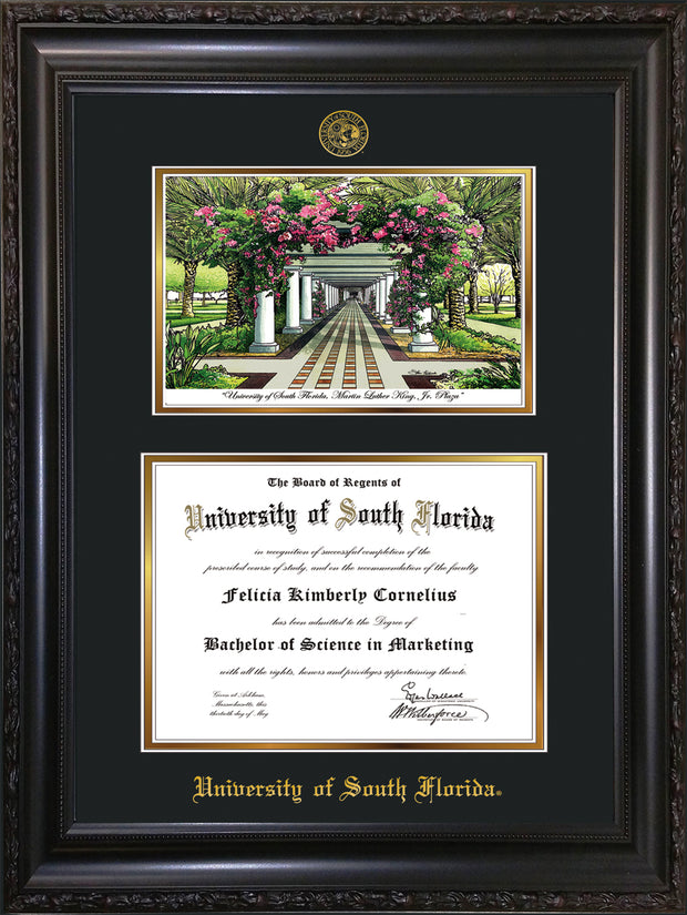 Image of University of South Florida Diploma Frame - Vintage Black Scoop - w/Embossed USF Seal & Name - Watercolor - Black on Gold mat