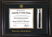Image of University of South Florida Diploma Frame - Vintage Black Scoop - w/Embossed USF Seal & Name - Tassel Holder - Black on Gold mat