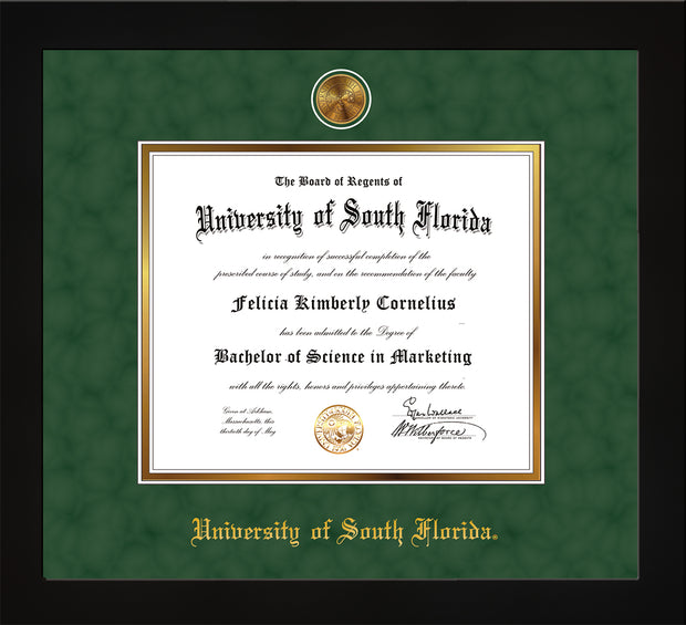 Image of University of South Florida Diploma Frame - Flat Matte Black - w/24k Gold-Plated Medallion USF Name Embossing - Green Suede on Gold mats