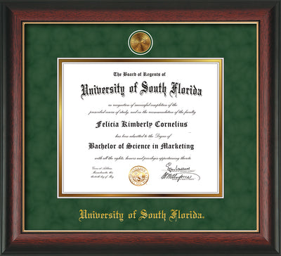 Image of University of South Florida Diploma Frame - Rosewood w/Gold Lip - w/24k Gold-Plated Medallion USF Name Embossing - Green Suede on Gold mats