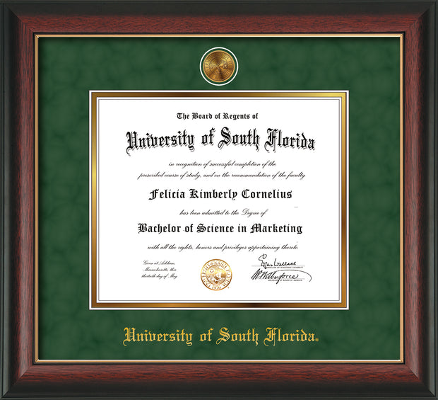 Image of University of South Florida Diploma Frame - Rosewood w/Gold Lip - w/24k Gold-Plated Medallion USF Name Embossing - Green Suede on Gold mats