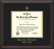 Image of University of Tennessee Diploma Frame - Mahogany Braid - w/Embossed Seal & College of Law Name - Black on Gold Mat