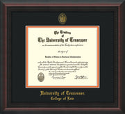 Image of University of Tennessee Diploma Frame - Mahogany Braid - w/Embossed Seal & College of Law Name - Black on Orange Mat