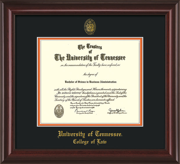 Image of University of Tennessee Diploma Frame - Mahogany Lacquer - w/Embossed Seal & College of Law Name - Black on Orange Mat