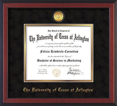 Image of University of Texas - Arlington Diploma Frame - Cherry Reverse - w/24k Gold-Plated Medallion UTA Name Embossing - Black Suede on Gold mats
