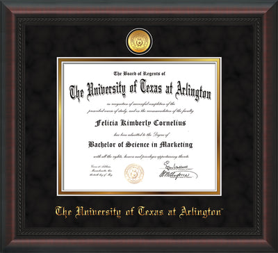 Image of University of Texas - Arlington Diploma Frame - Mahogany Braid - w/24k Gold-Plated Medallion UTA Name Embossing - Black Suede on Gold mats