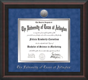 Image of University of Texas - Arlington Diploma Frame - Mahogany Braid - w/Silver-Plated Medallion UTA Name Embossing - Royal Blue Suede on Silver mats