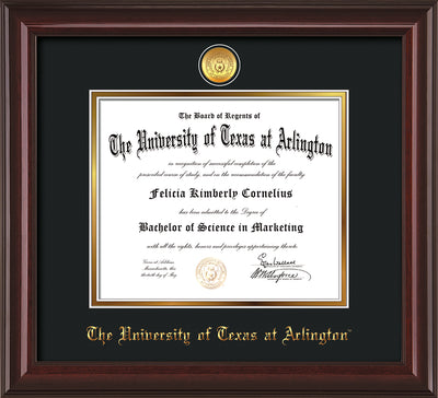 Image of University of Texas - Arlington Diploma Frame - Mahogany Lacquer - w/24k Gold-Plated Medallion UTA Name Embossing - Black on Gold mats