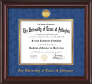 Image of University of Texas - Arlington Diploma Frame - Mahogany Lacquer - w/24k Gold-Plated Medallion UTA Name Embossing - Royal Blue Suede on Gold mats