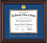 Image of University of Texas - Arlington Diploma Frame - Mahogany Lacquer - w/24k Gold-Plated Medallion UTA Name Embossing - Royal Blue on Gold mats
