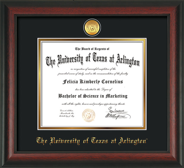 Image of University of Texas - Arlington Diploma Frame - Rosewood - w/24k Gold-Plated Medallion UTA Name Embossing - Black on Gold mats