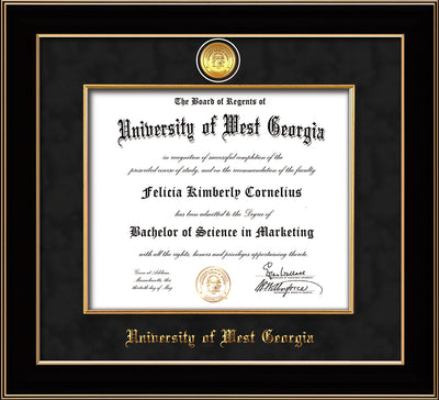 Image of University of West Georgia Diploma Frame - Black Lacquer - w/24k Gold Plated Medallion & Fillet - w/UWG Name Embossing - Black Suede Mat