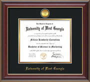 Image of University of West Georgia Diploma Frame - Cherry Lacquer - w/24k Gold Plated Medallion UWG Name Embossing - Black on Gold Mat