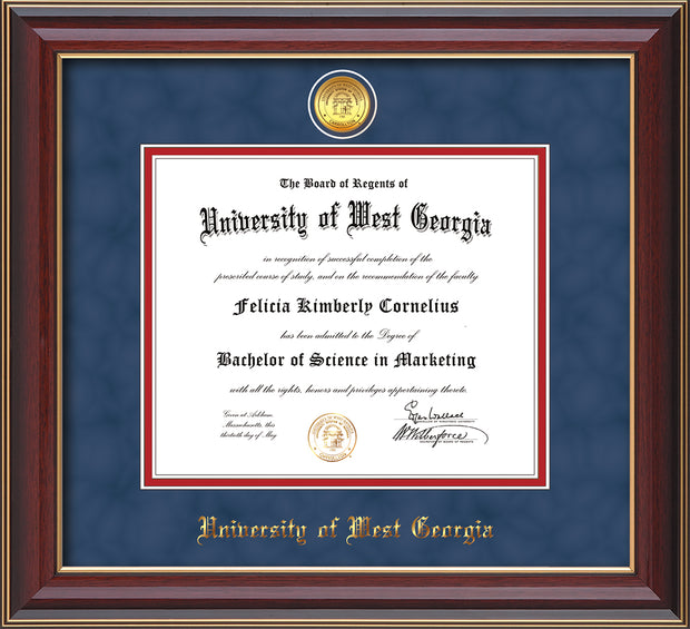 Image of University of West Georgia Diploma Frame - Cherry Lacquer - w/24k Gold Plated Medallion UWG Name Embossing - Royal Blue Suede on Crimson Mat