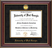 Image of University of West Georgia Diploma Frame - Cherry Lacquer - w/24k Gold Plated Medallion & Fillet - w/UWG Name Embossing - Black Suede Mat
