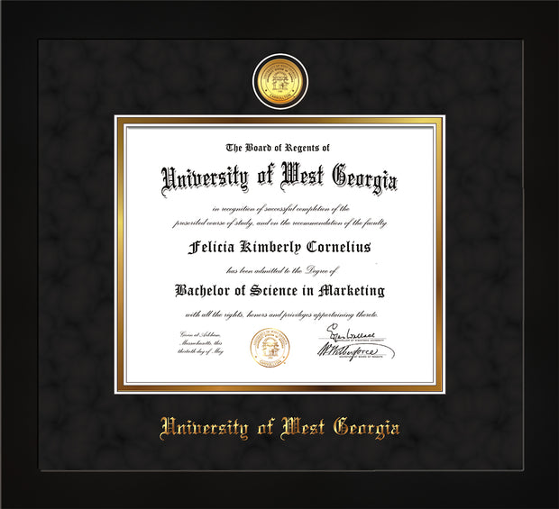 Image of University of West Georgia Diploma Frame - Flat Matte Black - w/24k Gold Plated Medallion UWG Name Embossing - Black Suede on Gold Mat