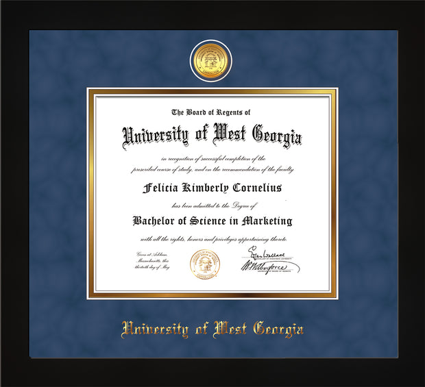 Image of University of West Georgia Diploma Frame - Flat Matte Black - w/24k Gold Plated Medallion UWG Name Embossing - Royal Blue Suede on Gold Mat
